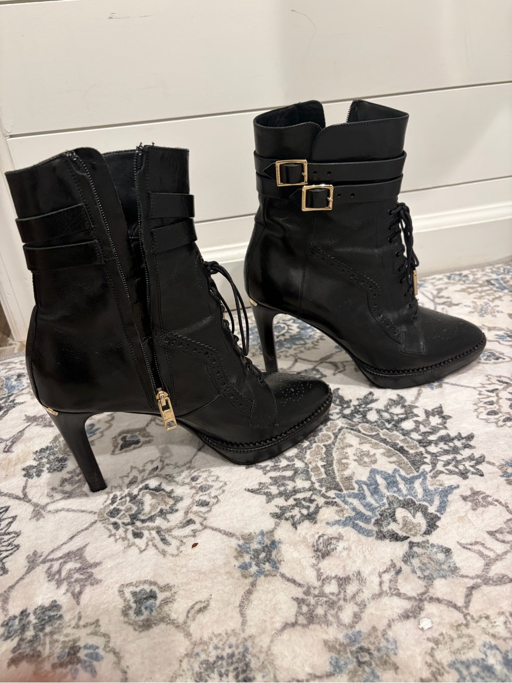 Burberry Black Lace-Up Heeled Ankle Boots with Gold Buckles